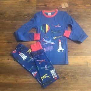 NWT Mini Boden Blue and Red Pajama Set with Air travel Theme